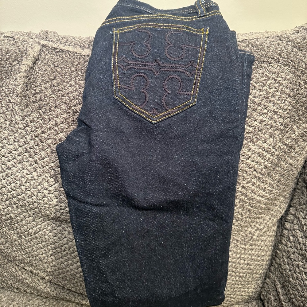 Tory Burch Dark Blue Denim Jeans with Embroidered Pocket